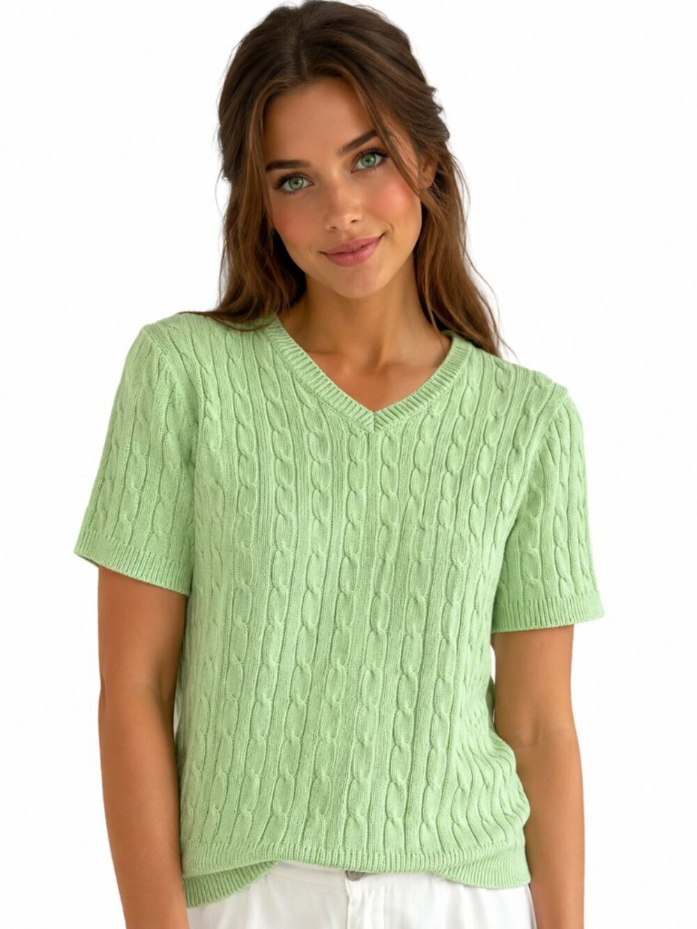 Cherokee Mint Green Cable Knit Short Sleeve Sweater Cotton Womens Large